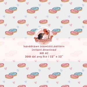Könnte beinhalten: Ein nahtloses digitales Muster mit handgezeichneten rosa und blauen Donuts und kleinen Herzen auf hellem Grund. In der Mitte befindet sich ein Logo mit einem Hund und einer Blume sowie der Text: handdrawn seamless pattern, instant download, NO AI, 300 dpi png file | 30,48 cm x 30,48 cm.