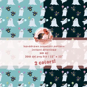 Könnte beinhalten: Ein digitales nahtloses Muster mit weißen Geistern und schwarzen Fledermäusen, die bunte Luftballons auf hellblauen und dunklen Hintergründen halten. Das Bild enthält den Text Darling Poppy Design, handdrawn seamless pattern, instant download, NO AI, 300 dpi png file, 30,48 cm x 30,48 cm, und 2 colors.