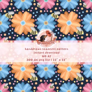 Motif sans couture de magnifiques fleurs et abeilles (PNG), animaux, plantes, impression sur tissu, papier numérique, design de surface, impression à la demande, usage commercial