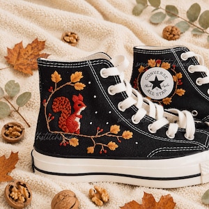 Squirrel Embroidery Converse, Autumn Forest High Top Sneakers, Woodland Animal Canvas Shoes, Handmade Fall Gift for Her