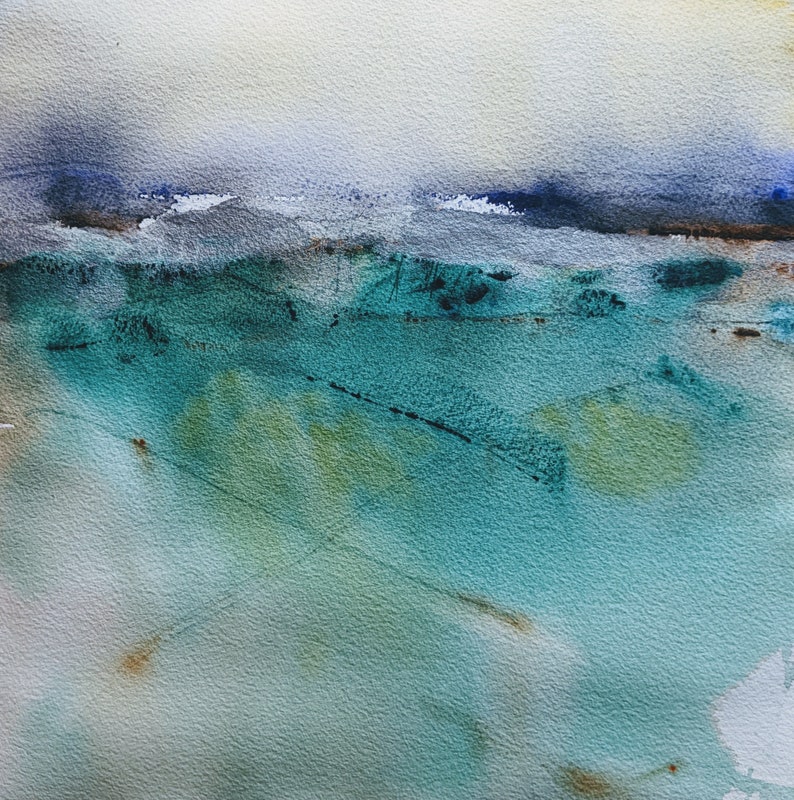 Original Ocean Fields Watercolor , shops 140 lb. paper abstract seascape , 12 x 12 inches unframed