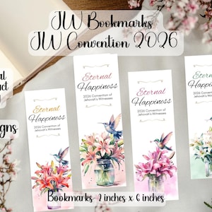 Peut inclure: Quatre marque-pages avec des illustrations florales et de colibris. Chaque marque-page présente le texte "Eternal Happiness" et "2026 Convention of Jehovah's Witnesses". Les marque-pages mesurent environ 5 cm sur 15 cm.