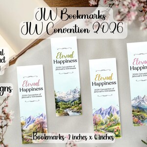 Peut inclure: Quatre marque-pages blancs avec le texte "Eternal Happiness" et "2026 Convention of Jehovah's Witnesses". Chaque marque-page présente un paysage. Les marque-pages mesurent 5 cm sur 15 cm.