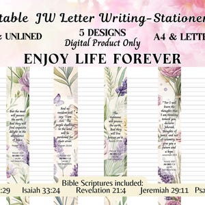 May include: A printable stationery set featuring five floral designs with lined and unlined options in A4 and letter size. The digital product includes Bible scriptures from Psalm 37:29, Isaiah 33:24, Revelation 21:4, Jeremiah 29:11, and Psalm 37:11.