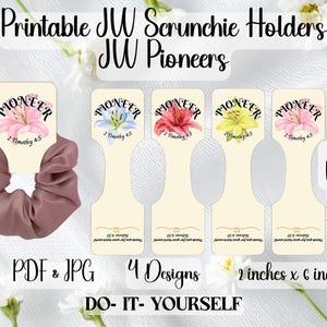 Könnte beinhalten: Druckbare Scrunchie-Halter mit floralen Designs und dem Wort "Pioneer". Die Halter sind 5 cm x 15 cm groß und tragen den Text "2 Timothy 4:5". Das Bild enthält auch ein Scrunchie und den Text "Digital Product Only".