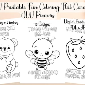Può includere: Biglietti piatti da colorare stampabili in bianco e nero con il testo "JW Printable Fun Coloring Flat Cards JW Pioneers". Le carte presentano un orso, un'ape e una fragola con testo. Ogni carta misura 12,7 cm x 17,8 cm.