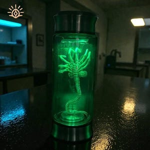 Op de afbeelding: Een heldere glazen fles met een gloeiend groen alien-wezen erin. De fles heeft een zwarte deksel en een zilveren basis. De alien is een gedetailleerde sculptuur, verlicht door groen licht, wat een sciencefiction-thema creëert.