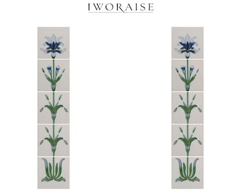 Azulejos para chimenea Art Nouveau, columnas de cerámica pintadas a mano con revestimiento de tubo de loto verde oliva, década de 1900