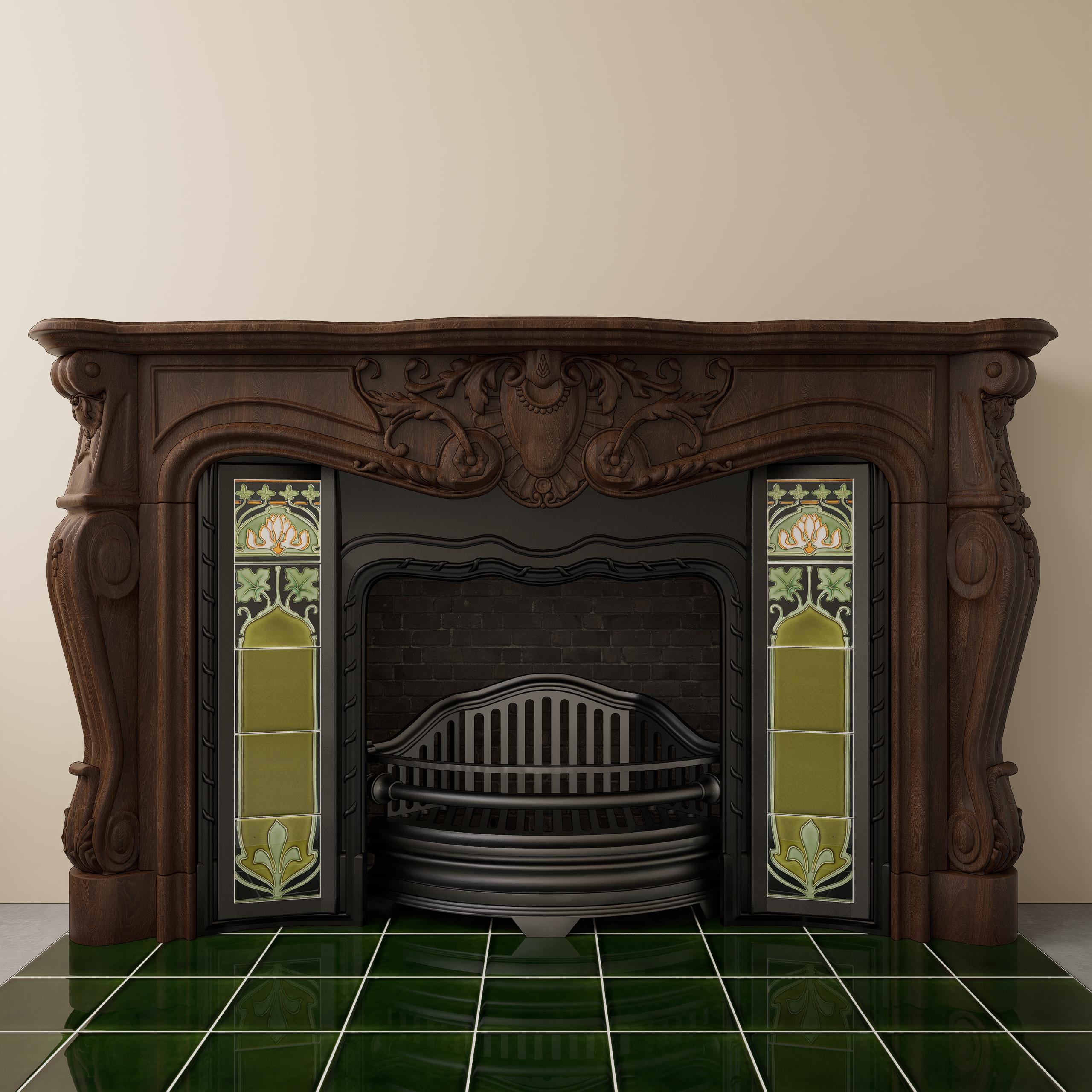 Art Nouveau Fireplace Tiles Olive Green Lotus Tube-lined Hand-painted