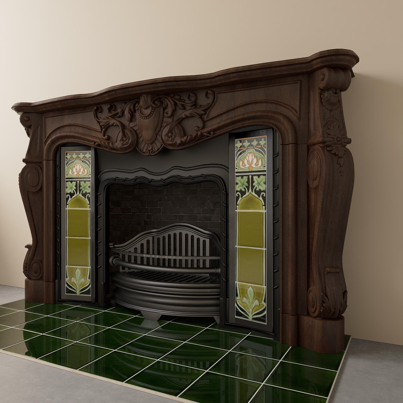 Art Nouveau Fireplace Tiles Olive Green Lotus Tube-lined Hand-painted ...