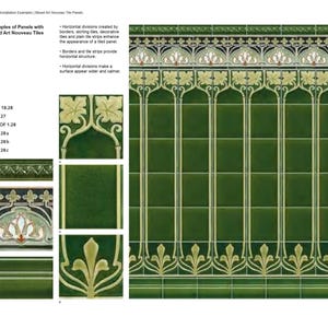 Op de afbeelding: Een wandtegelinstallatiegids met diepgroene vierkante tegels met crèmekleurige decoratieve randen en bloemmotieven. De tekst bevat 'Examples of Panels with Mixed Art Nouveau Tiles' en vermeldt specifieke tegelcodes zoals B 18.28 en F 27.