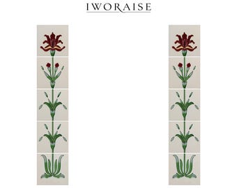 Azulejos para chimenea Art Nouveau, columnas de cerámica pintadas a mano con revestimiento de tubo de loto verde oliva, década de 1900