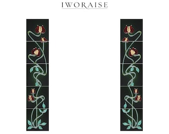 Azulejos para chimenea Art Nouveau victoriano de amapola • Marco de columna de cerámica con revestimiento tubular pintado a mano