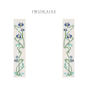 May include: Floral tile design featuring blue and yellow flowers with green stems and leaves. The tiles are arranged vertically, with the text "IWORAISE" at the top. The design is set against a white background.