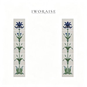 May include: Two vertical columns of five square white tiles each, featuring a continuous botanical illustration of a blue iris flower with green stems and leaves. The text IWORAISE is centered above the two columns on a plain white background.