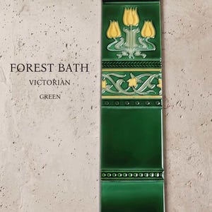 May include: A vertical rectangular ceramic tile in a deep forest green glaze. The tile features a relief pattern of three yellow tulips at the top, a central decorative border with yellow floral vines, and a bottom section with a beaded texture.