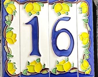 Azulejo de cerámica personalizado para número de casa: placa de dirección estilo mediterráneo con borde de limón.