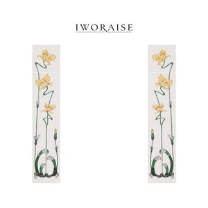 Könnte beinhalten: Zwei vertikale florale Fliesenpaneele mit gelben Blumen und grünen Stielen und Blättern auf weißem Hintergrund. Der Text "IWORAISE" steht oben. Das Design ist im Jugendstil gehalten.