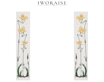 Azulejos para chimenea Art Nouveau, columnas de cerámica pintadas a mano con revestimiento de tubo de loto verde oliva, década de 1900