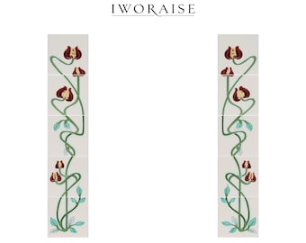 Azulejos para chimenea Art Nouveau, columnas de cerámica pintadas a mano con revestimiento de tubo de loto verde oliva, década de 1900