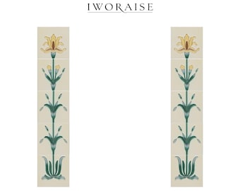 Azulejos para chimenea Art Nouveau, columnas de cerámica pintadas a mano con revestimiento de tubo de loto verde oliva, década de 1900