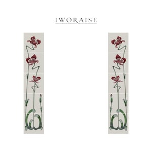 May include: Floral tile design featuring red flowers with green stems and leaves on a light beige background. The tiles are arranged vertically, with the brand name "IWORAISE" at the top.