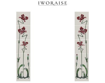 Azulejos para chimenea Art Nouveau, columnas de cerámica pintadas a mano con revestimiento de tubo de loto verde oliva, década de 1900