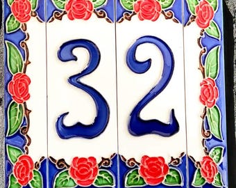 Placa de cerámica con número de casa y borde de rosas personalizado: Placa de dirección floral vintage (2 x 6 pulgadas)