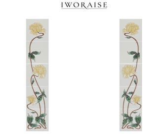 Azulejos para chimenea Art Nouveau, columnas de cerámica pintadas a mano con revestimiento de tubo de loto verde oliva, década de 1900