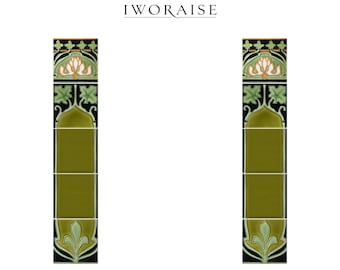 Azulejos para chimenea Art Nouveau, columnas de cerámica pintadas a mano con revestimiento de tubo de loto verde oliva, década de 1900