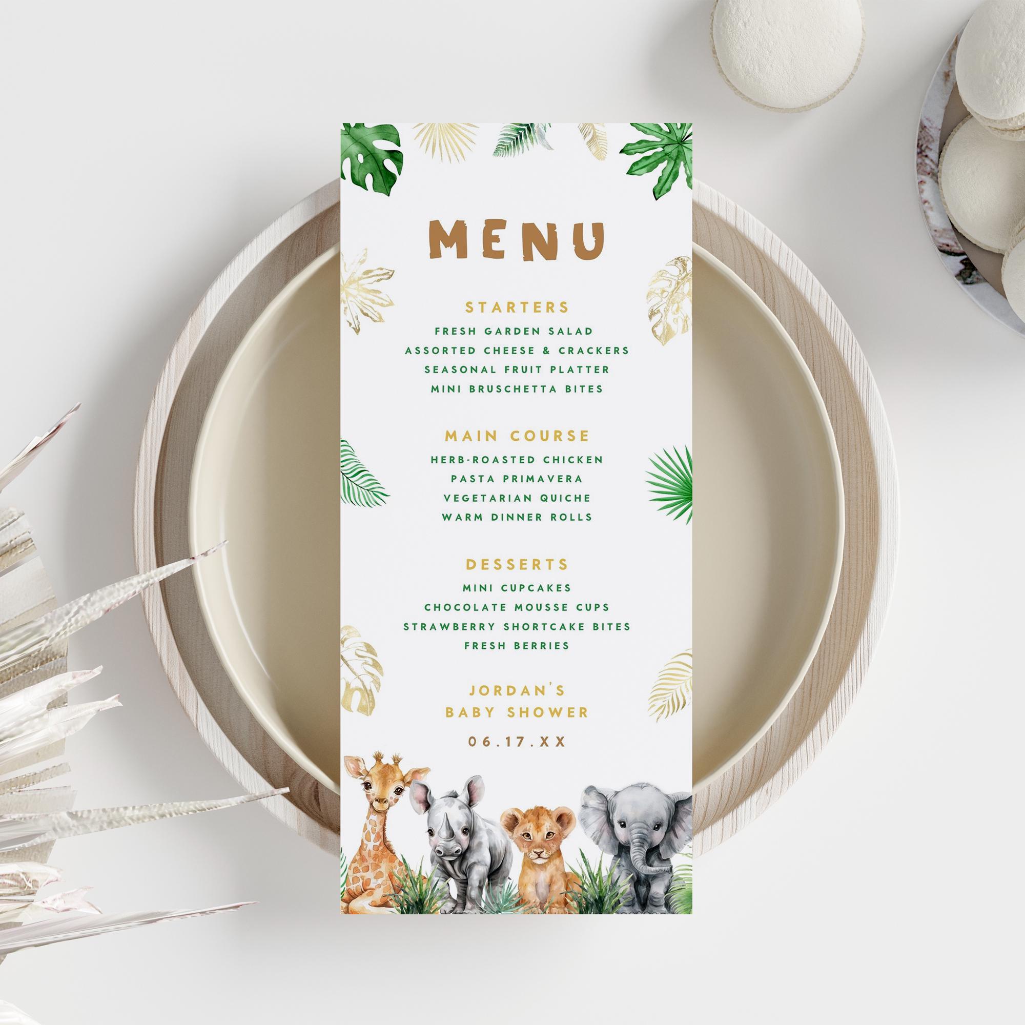 Editable Safari Baby Shower Menu Card, Jungle Animals Food List ...