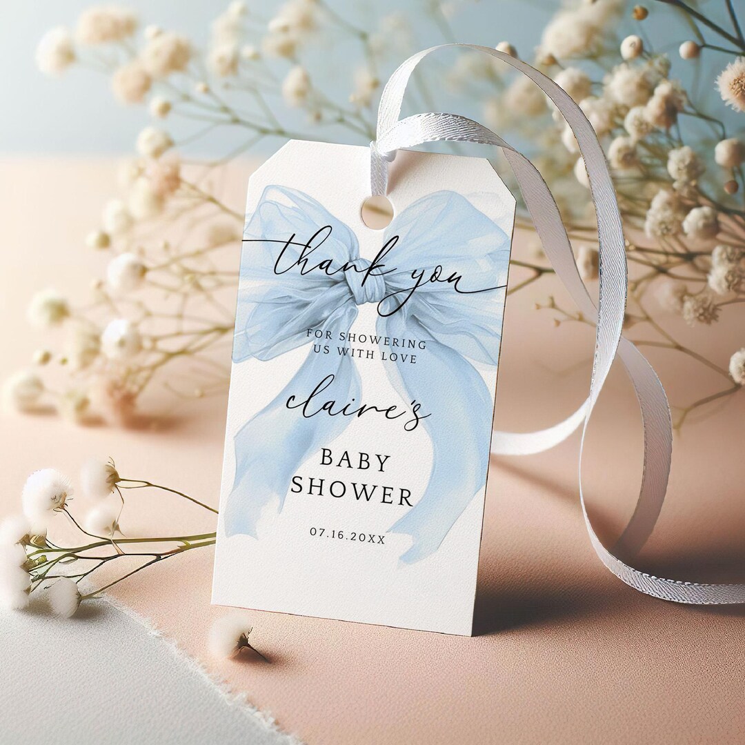 Editable Blue Bow Baby Shower Thank You Tags, Coquette Favors Template ...