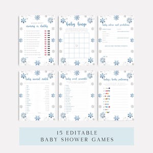 Redigerbart vinterbabyshower-spelpaket, blå och silverfärgade snöflingor-spelpaket, (digital nedladdning)