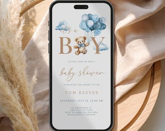 Teddy Bear Baby Shower Electronic Invitation, Blue Balloons Digital Invite, Evite, (Instant Download)