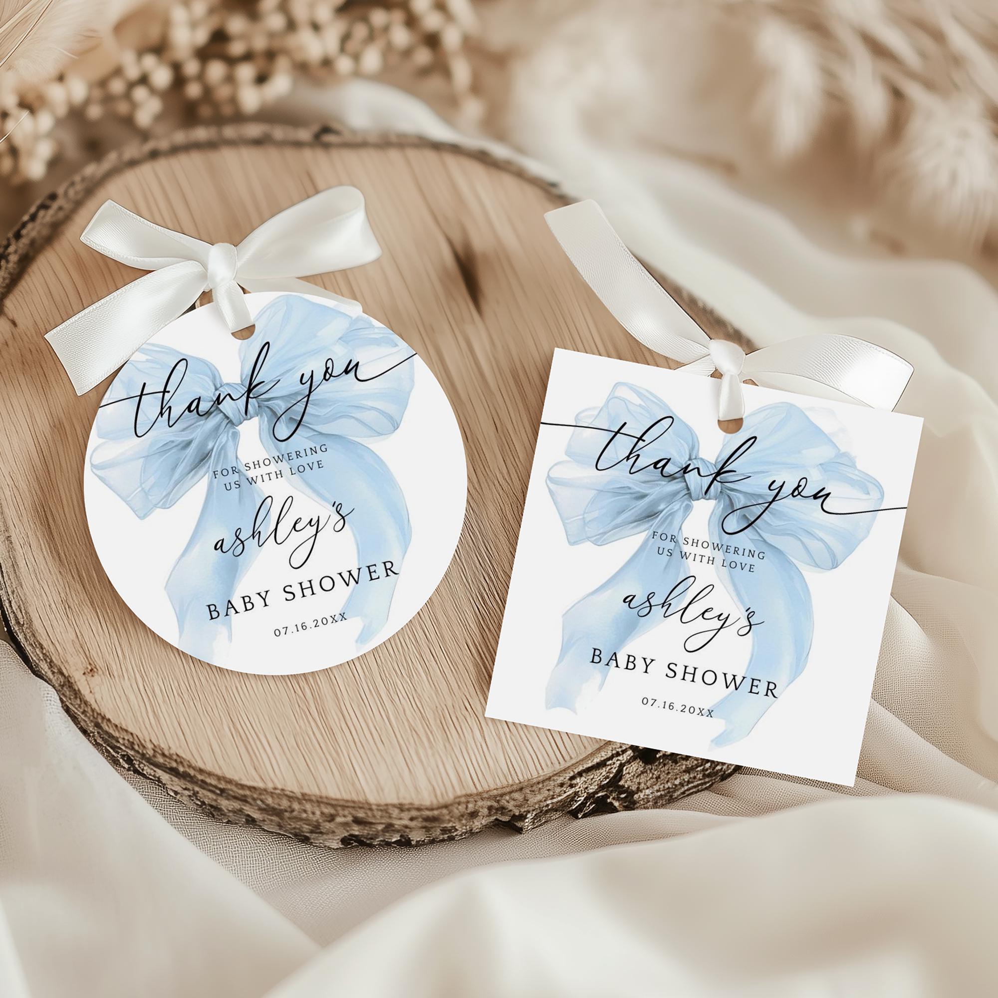 Editable Blue Bow Baby Shower Thank You Tags, Coquette Favors Template ...
