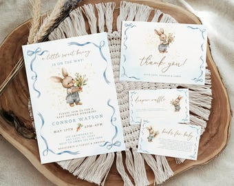 Peter Rabbit Baby Shower Invitation Bundle, Blue Bunny Invite Set, (Digital Download)