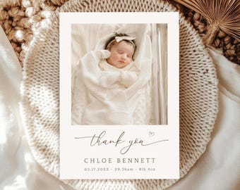 Carte de remerciement Boho Baby, modèle photo pour faire-part de nouveau-né (téléchargement numérique)