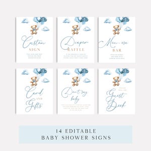 May include: Set of six baby shower signs with watercolor illustrations of a teddy bear holding blue balloons. Each sign has a different message in elegant script, including "Custom Sign" and "Diaper Raffle". The signs are on a white background.