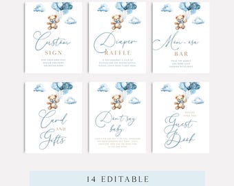 Teddybeer babyshower tafelbordbundel, blauwe ballonnen bordset, (digitale download)