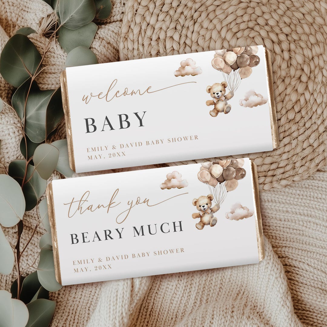 Teddy Bear Baby Shower Chocolate Wrapper, Boho Balloon Favors Chocolate ...