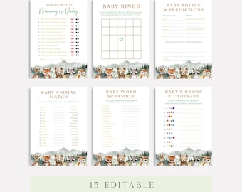 Paquete de juegos editables de baby shower con temática de bosque y plantilla de juego de animales del bosque (descarga digital)