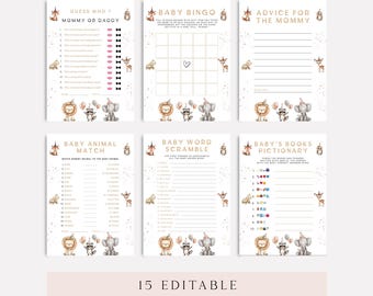 May include: Set of 6 printable baby shower games with watercolor animal illustrations. Games include "Guess Who," "Baby Bingo," "Advice for the Mommy," "Baby Animal Match," "Baby Word Scramble," and "Baby's Books Pictionary." The text "15 Editable Baby Shower Games" is also visible.
