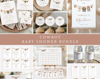 May include: A collection of baby shower decorations with a cowboy theme. Includes invitations, cupcake toppers, welcome sign, banner, and game cards. The color palette is neutral with brown and beige tones.
