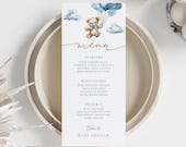 Editable Teddy Bear Baby Shower Menu Card, Blue Balloons Food List Template, (Digital Download)