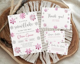 Winter Baby Shower Invitation Bundle, Pink Snowflakes Invite Set, (Digital Download)