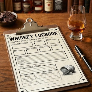 Puede incluir: Un portapapeles con un "Whiskey Logbook" impreso, junto a una copa de whisky, un bolígrafo y un cuenco de chocolate. El libro de registro incluye secciones para notas de cata, análisis sensorial y una escala de calificación. El texto "Iron & Pine Paper Co." está impreso en la parte inferior.