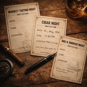 May include: Three vintage-style invitations for Whiskey Tasting Night, Cigar Night, and BBQ & Smoker Night, with space to fill in details. A cigar, pen, and a glass of whiskey with ice are also on the wooden surface.