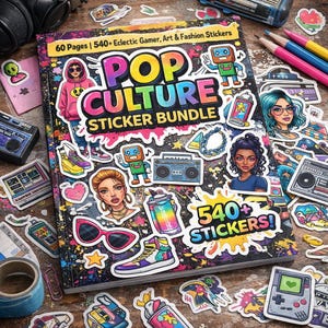 Puede incluir: Un paquete de pegatinas de cultura pop con 60 páginas y más de 540 pegatinas. La portada presenta ilustraciones coloridas de una mujer con gafas de sol, un robot y un radiocasete. Las pegatinas son eclécticas y tienen temas de juegos, arte y moda.
