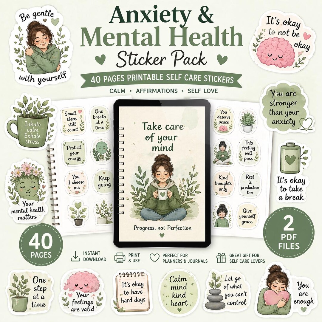Anxiety Mental Health Sticker Pack | Printable Self Care Affirmations ...