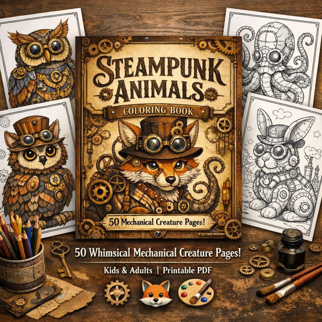 Steampunk Animals Coloring Book | 50 Mechanical Creature Pages ...